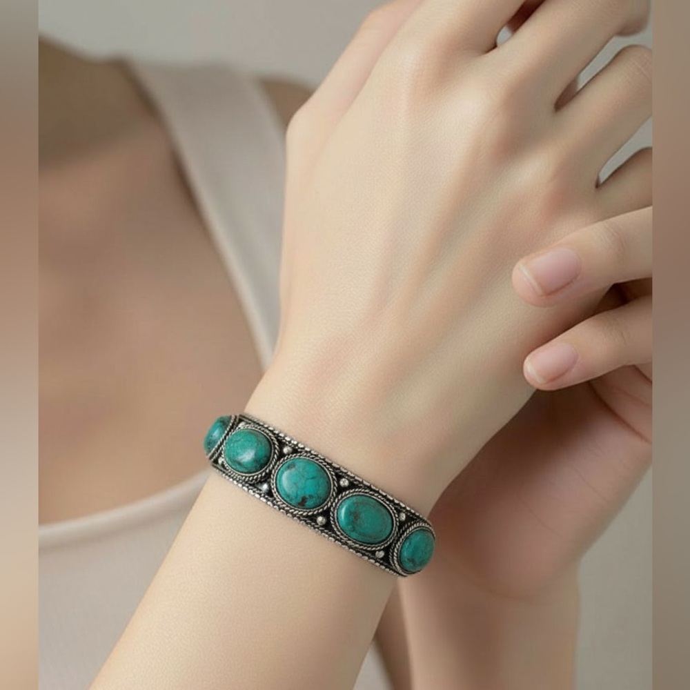 New Silver-Tone Faux Turquoise 6-Stone Cuff Bracelet Western Boho Chic